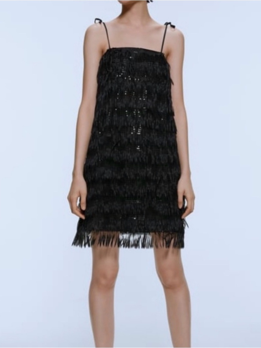 Zara Black Sequin & Fringe Spaghetti Strap Mini Dress - Size M